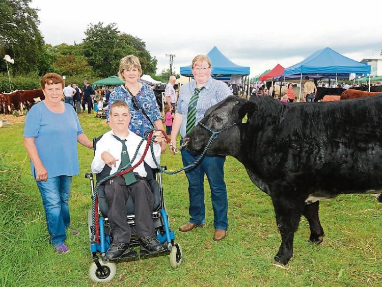 Jason Teague, Maureen Teague, Loretta McCormack, Maire McCormack and his Limousin bullock Picture: Brendan Gleeson