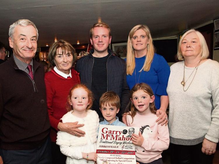 Owen McMahon, Joan McMahon, Rossa McMahon, Treasa McAuliffe, Mary O'Connor, Nell and Cathal McMahon and Orlaith McAuliffe at the launch of the Garry McMahon Singing Weekend