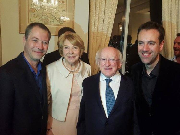 Myles Breen and Liam O'Brien of Bottom Dog with President Michael D Higgins and Sabina at a reception in celebration of the festival, founded by fellow Limerick man George C Heslin