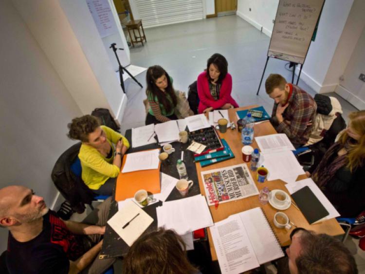 Hatch-ing a plan: Emma Callander and Davey Anderson from Theatre Uncut meet with the HatchLK participants to explore political theatre at 69 O'Connell Street. Picture: Ken Coleman