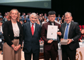 All Ireland scholarship winner Oscar Ng with Thomond Community College principal Vivienne Hogan, Deputy Willie O'Dea and JP McManus, sponsor