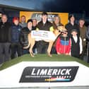 Bouncing Monarch, winner of a Con and Annie Kirby Memorial quarter-final, pictured with handler Mark O'Donvan, owner David Fradgley and breeder David O'Connor I PICTURE: Brendan Gleeson