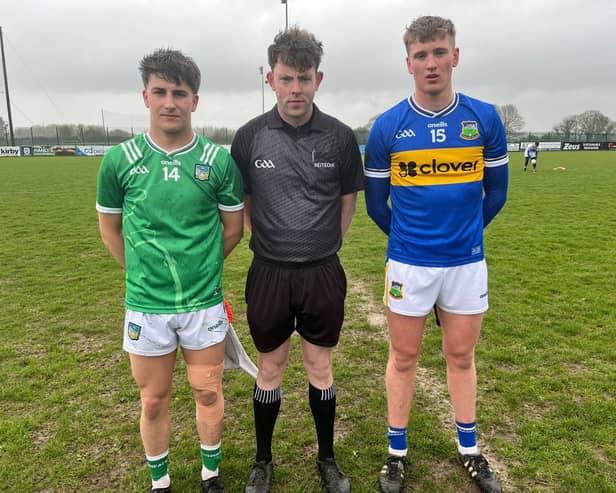 Referee Gary Twomey (Clare) with team captains Padraic Phelan (Limerick) and Liam Freaney (Tipperary)