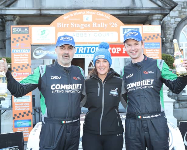 Winning co-driver Keith Moriarty (Limerick) with Triton Showers Motorsport Ireland National Rally Championship manager Laura McMenamin and winning driver Josh Moffett I PICTURE: Dermot Kelleher