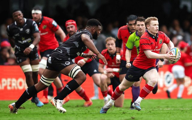 Ethan Coughlan, of Munster Rugby, right, in action during the URC clash with the Sharks at Hollywoodbets Kings Park Stadium in Durban on Saturday | PICTURE: Sportsfile