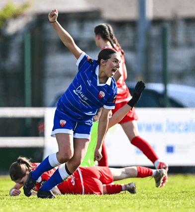 Ciara Breslin, of Treaty United, celebrates after scoring her first goal during the SSE Airtricity Women's Premier Division game with Waterford at the Markets Field on Saturday | PICTURE: Sportsfile