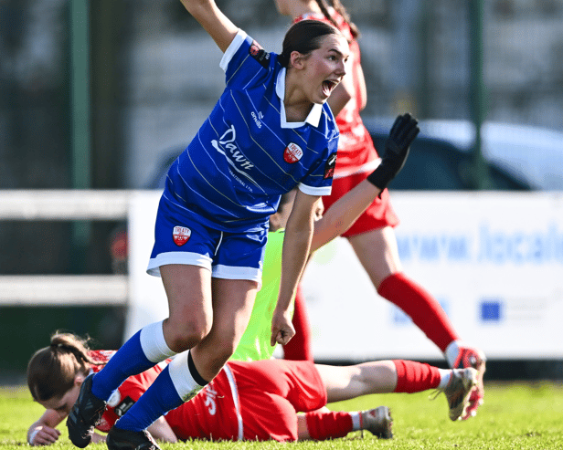 Ciara Breslin, of Treaty United, celebrates after scoring her first goal during the SSE Airtricity Women's Premier Division game with Waterford at the Markets Field on Saturday | PICTURE: Sportsfile