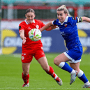 Katie Lawlee, Treaty Utd captain, in action against Maggie Pierce, of Shelbourne, in their SSE Airtricity Women's Premier Division fixture at Tolka Park on Saturday