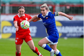 Katie Lawlee, Treaty Utd captain, in action against Maggie Pierce, of Shelbourne, in their SSE Airtricity Women's Premier Division fixture at Tolka Park on Saturday