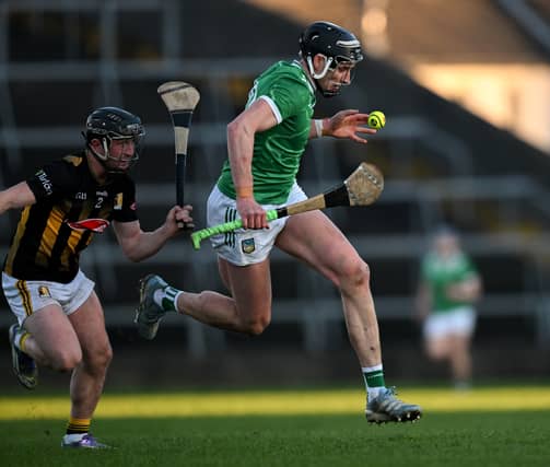 Gearoid Hegarty of Limerick is tackled by Mikey Butler of Kilkenny in their National League Division 1A clash at the TUS Gaelic Grounds I PICTURE: Sportsfile