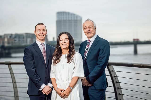 New partner at HOMS Assist, Claire Tuohy, flanked by fellow partners Sean Fitzgerald and Robert Bourke | PICTURE: Brian Arthur