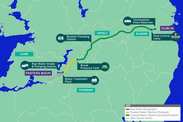 Under the plan, it is proposed that water from the river Shannon will be treated near Birdhill, County Tipperary and that it will then be piped 170km through counties Tipperary, Offaly and Kildare to a termination point reservoir at Peamount in County Dublin, connecting into the Greater Dublin Area water distribution network.