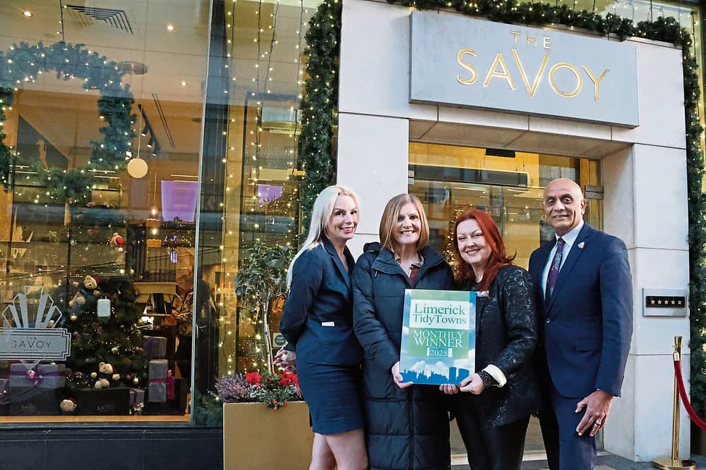 Maura O’Neill, Limerick City Tidy Towns presenting the group’s bi-monthly award to Sarah Murray, Jacinta Khan, and Altaf Khan, all of the Savoy Collection  | PICTURE: ADRIAN BUTLER