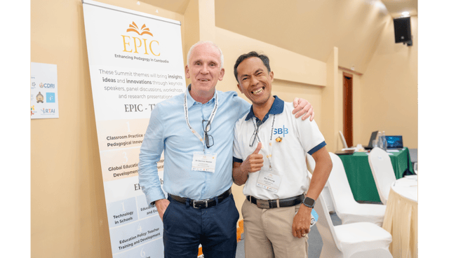 Dermot Nestor, President Mary Immaculate College with Pov Pheung, Mary Immaculate alumni and Managing Director of SeeBeyondBorders Cambodia, at the EPIC Summit in Siem Reap, Cambodia, July 2025