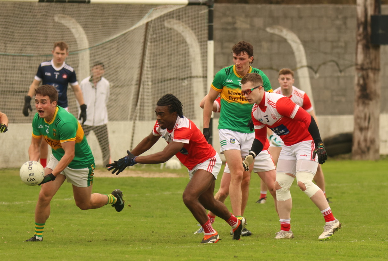 Mike Shanahan, of St Kieran’s, gathers possession against Ciaran Uwatse, of Mungret St Paul’s, in the Limerick SFC Group 2, Round 5 fixture in Askeaton on Saturday | PICTURE: Brendan Gleeson
