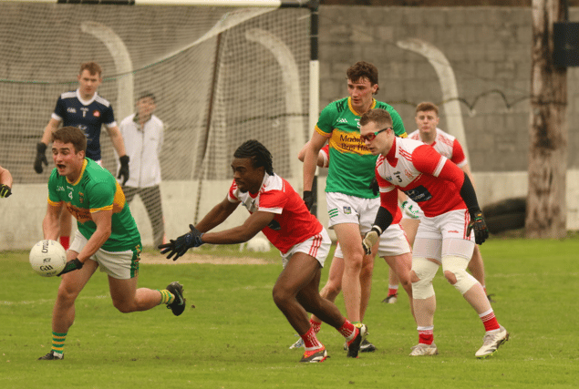 Mike Shanahan, of St Kieran’s, gathers possession against Ciaran Uwatse, of Mungret St Paul’s, in the Limerick SFC Group 2, Round 5 fixture in Askeaton on Saturday | PICTURE: Brendan Gleeson