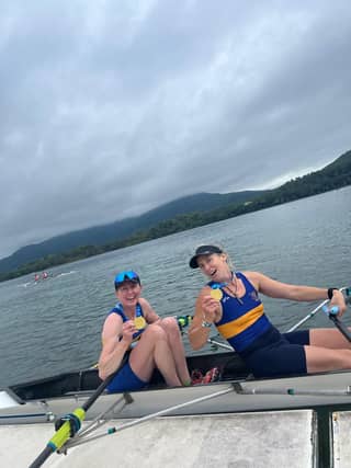 St Michael Rowing Club's Sheila Clavin and Vanessa Lawrenson pictured at the regatta with their gold medals