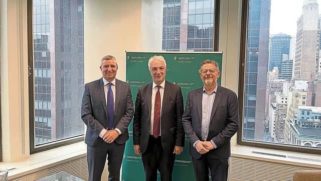 Limerick TD and Minister of State at the Department of Justice Niall Collins, consul general Gerald Angley, and Mayor of Limerick John Moran, at the Consulate General of Ireland in New York