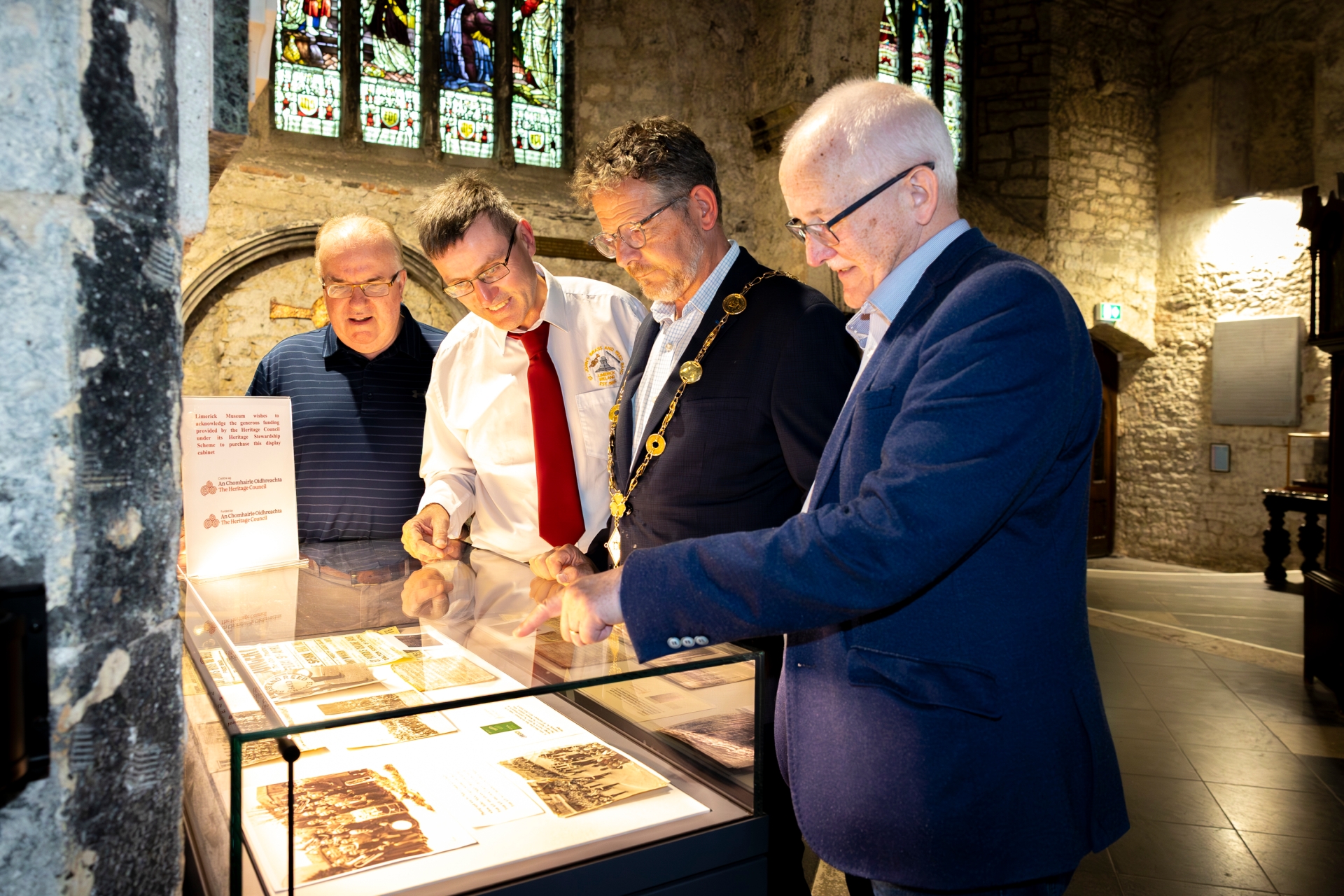 Mayor of Limerick John Moran admiring one of the displays with Tony McCarthy, chairperson of St John’s Brass and Reed Band, Dr Matthew Potter and Dr Derek Mulcahy I PICTURE: Kieran Ryan-Benson