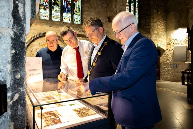 Mayor of Limerick John Moran admiring one of the displays with Tony McCarthy, chairperson of St John’s Brass and Reed Band, Dr Matthew Potter and Dr Derek Mulcahy I PICTURE: Kieran Ryan-Benson