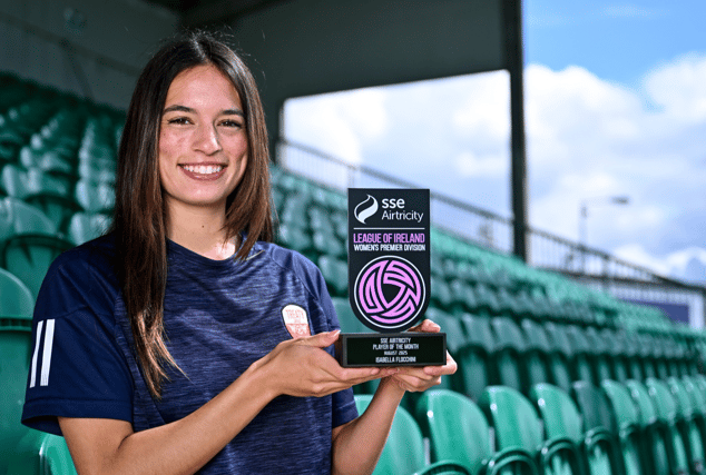 Treaty United's Bella Flocchini is presented with her Player of the Month award at the Markets Field I PICTURE: Sportsfile
