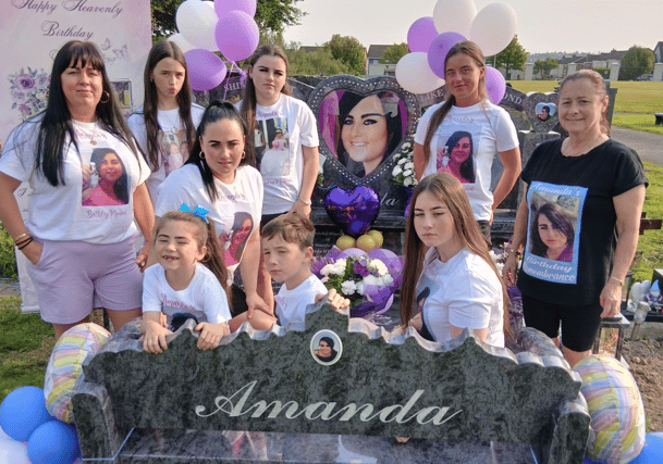 Amanda's family gathered at her grave, decorated with balloons and a banner