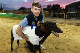 Evan McAuliffe whose dog Drombeg Banner won the Callaway Pro Am @ Stud Irish St Leger Final at Limerick Greyhound Stadium I PICTURE: Brendan Gleeson