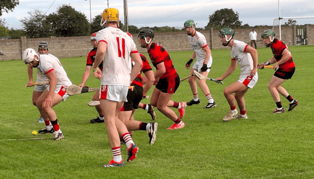A battle for possession in Thursday evening's Whitebox Property Development Ltd Limerick SHC Group 2 game between Monaleen and Adare in Fedamore