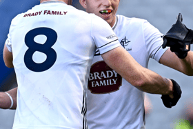 Kevin Feely and Brian McLoughlin celebrate after Kildare's victory over Fermanagh in the Tailteann Cup semi-final, PICTURE: Sportsfile