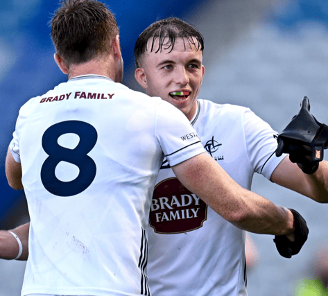 Kevin Feely and Brian McLoughlin celebrate after Kildare's victory over Fermanagh in the Tailteann Cup semi-final, PICTURE: Sportsfile