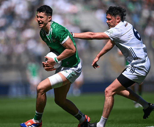 Emmet Rigter of Limerick in action against David Hyland of Kildare in the Tailteann Cup final I PICTURE: Sportsfile