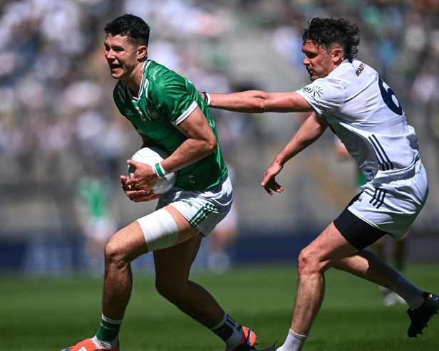 Emmet Rigter of Limerick in action against David Hyland of Kildare in the Tailteann Cup final I PICTURE: Sportsfile