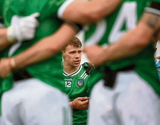 Limerick senior football captain Cillian Fahy speaks with the Limerick players before the start of their Tailteann Cup quarter-final against Wexford at the TUS Gaelic Grounds, PICTURE: Sportsfile
