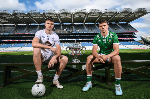 Limerick senior football captain Cillian Fahy and Kildare captain Kevin Feely at the launch of the Tailteann Cup final, PICTURE: Sportsfile