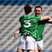 Limerick’s Barry Coleman and Darren O'Doherty celebrate after their victory in the Tailteann Cup semi-final with Wicklow I PICTURE: Sportsfile