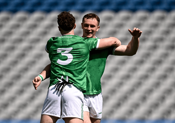 Limerick’s Barry Coleman and Darren O'Doherty celebrate after their victory in the Tailteann Cup semi-final with Wicklow I PICTURE: Sportsfile