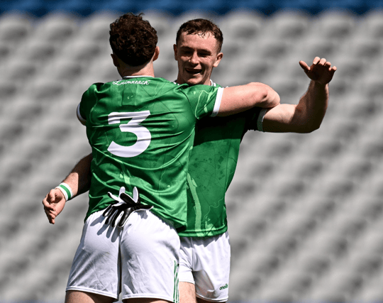 Limerick players Darren O'Doherty and Barry Coleman celebrate Limerick's Tailteann Cup semi-final win over Wicklow I PICTURE: Sportsfile