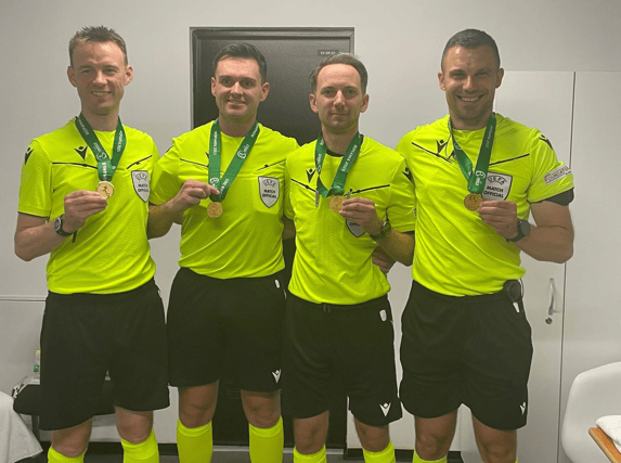 Limerick referee Rob Hennessy who took charge of the UEFA U19 Championship final in Bucharest on Thursday with his team of officials