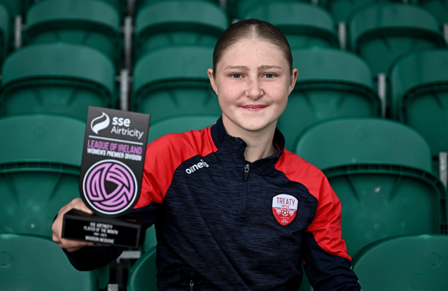 Limerick teenager Madison McGuane, of Treaty United, with her SSE Airtricity Women’s Premier Division Player of the Month Award for May at the Markets Field | PICTURE: Sportsfile