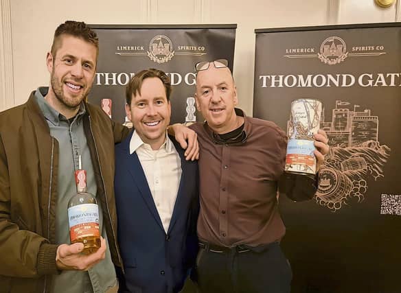 Nicholas Ryan, the founder of Thomond Gate Whiskey, with Finn Mac Donnell of Dick Mac’s Brewhouse in Dingle, and consultant Peter White