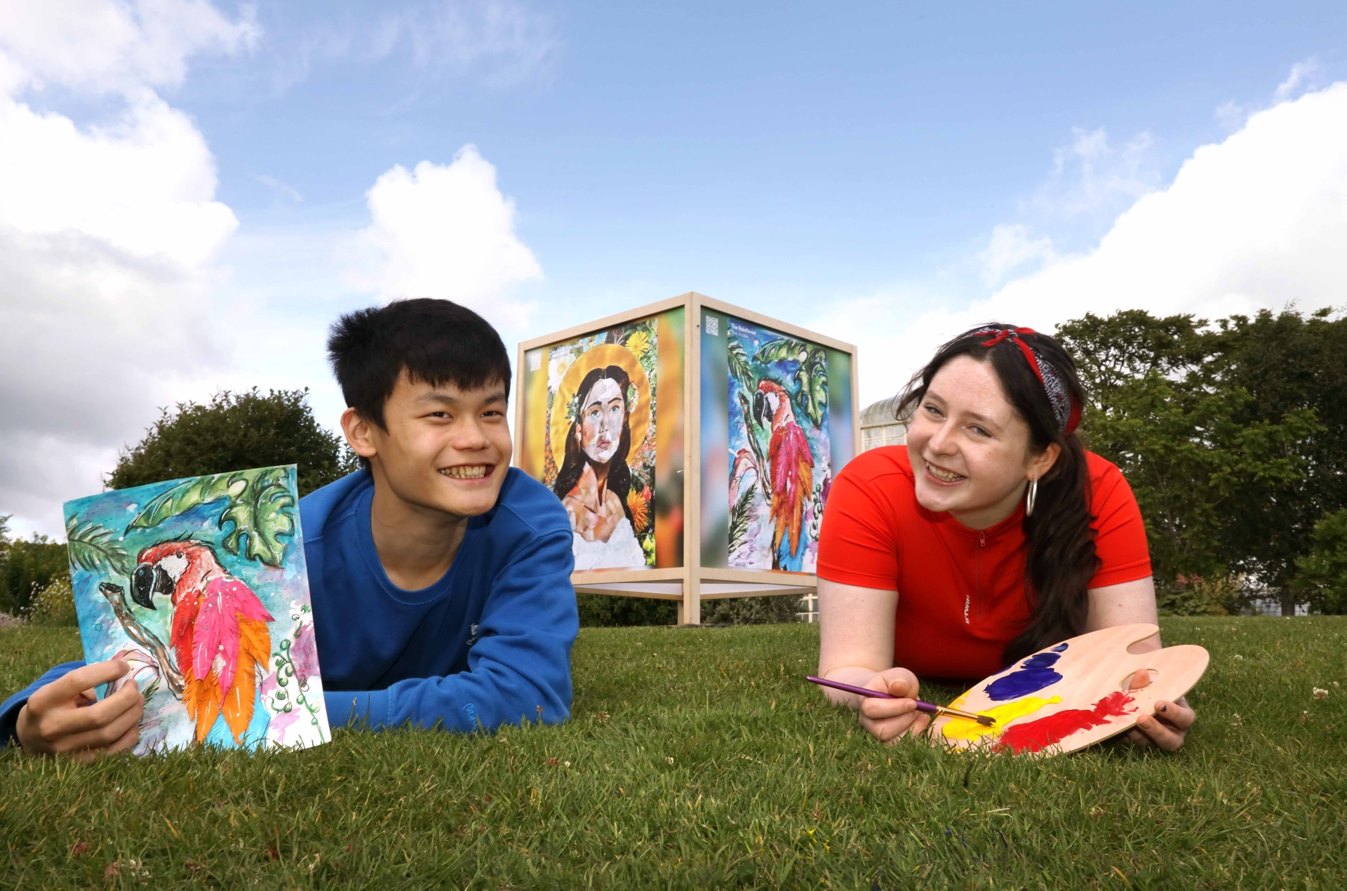 Young artists Roslyn Kavanagh (17) and Yinhan Chen (13) pictured with their work respectively 'Mother Earth Matters' and 'The Rainforest' as part of RTÉ’s This is Art! Picture: Mark Stedman