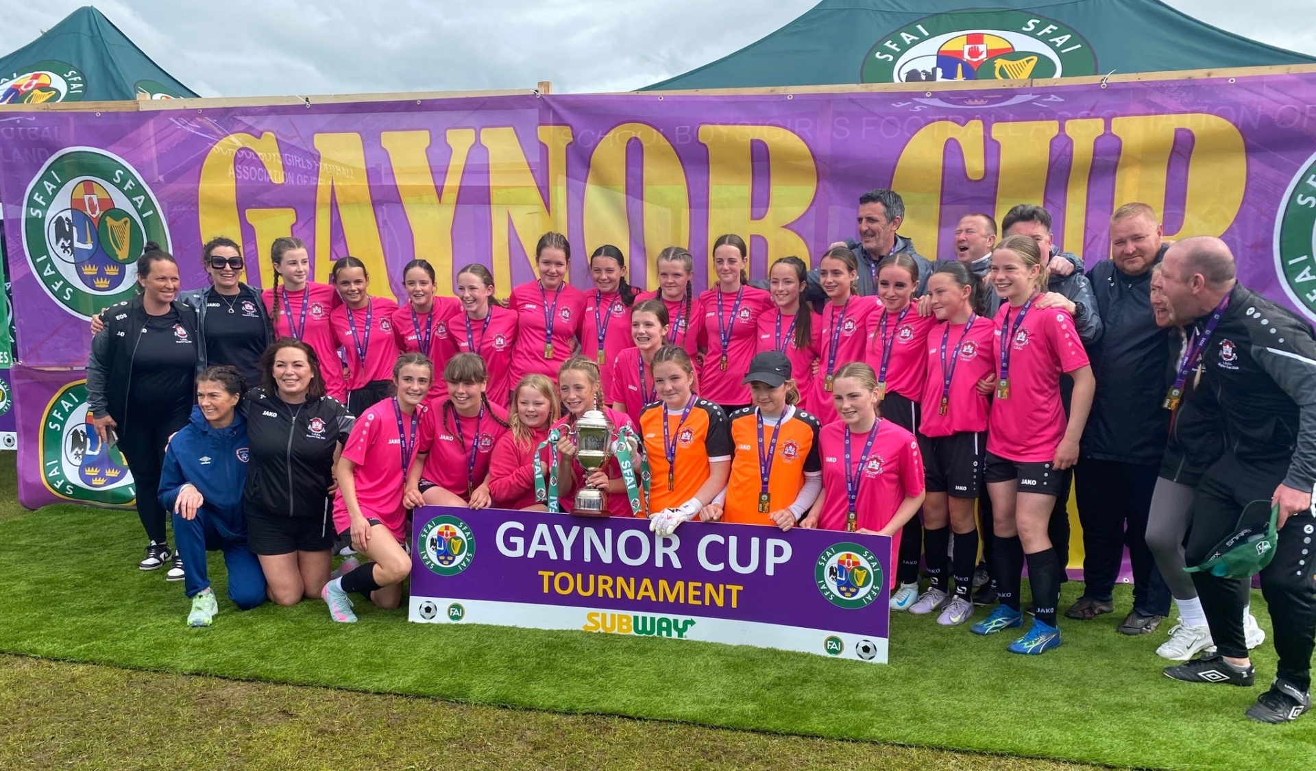The Limerick District League squad and coaches celebrate their dramatic Gaynor Cup final win over the DDSL at UL on Friday