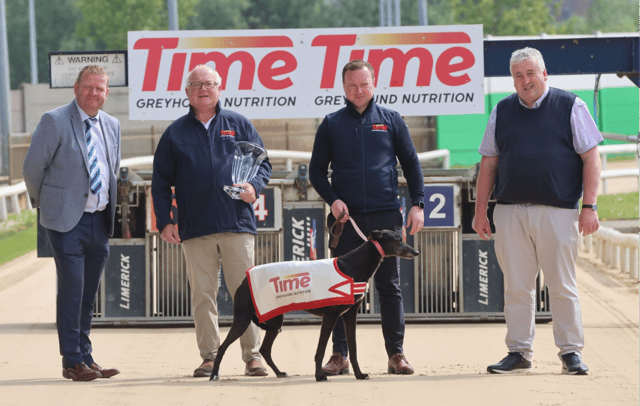 Derek Frehill, Director of Racing RCÉ, Willie Rigney and Shane Rigney, both TIME Greyhound Nutrition, Jody Thompson, Limerick Greyhound Stadium, launching the TIME Club A4 Derby at Limerick