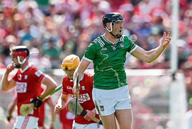 Diarmaid Byrnes celebrates scoring a point in Limericks victory over Cork, PICTURE: Sportsfile