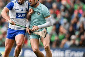 Limerick goalkeeper Nickie Quaid collides with Dessie Hutchinson of Waterford, PICTURE: Sportsfile