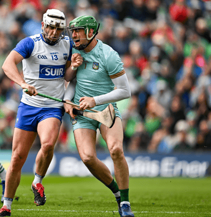 Limerick goalkeeper Nickie Quaid collides with Dessie Hutchinson of Waterford, PICTURE: Sportsfile