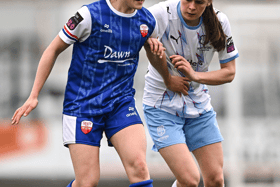 Jillian O'Toole, of Treaty United, in action against Sophie Slattery, of Waterford, during the SSE Airtricity Women's Premier Division match at the Markets Field earlier this season