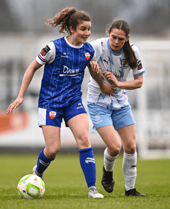 Jillian O'Toole, of Treaty United, in action against Sophie Slattery, of Waterford, during the SSE Airtricity Women's Premier Division match at the Markets Field earlier this season