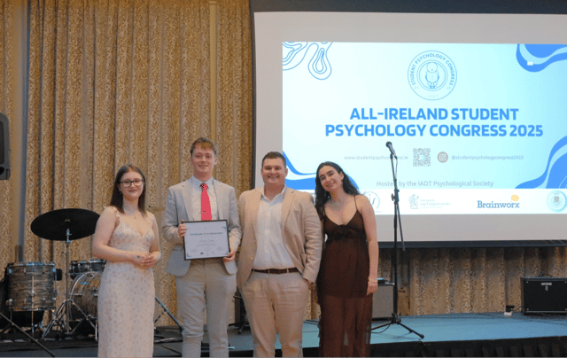Sophie Blackburn, co-chair of Student Psychology Congress, Laurence Tuohy, Amreeta Leddy, co-chair of Student Psychology Congress, and Dr Liam Challenor, PSI Head Judge