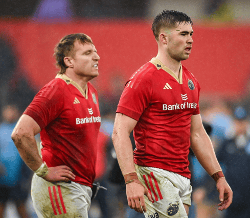 Jack Crowley, right, and Rory Scannell, of Munster, after Saturday evening's URC defeat to the Vodacom Bulls at Thomond Park | PICTURE: Sportsfile